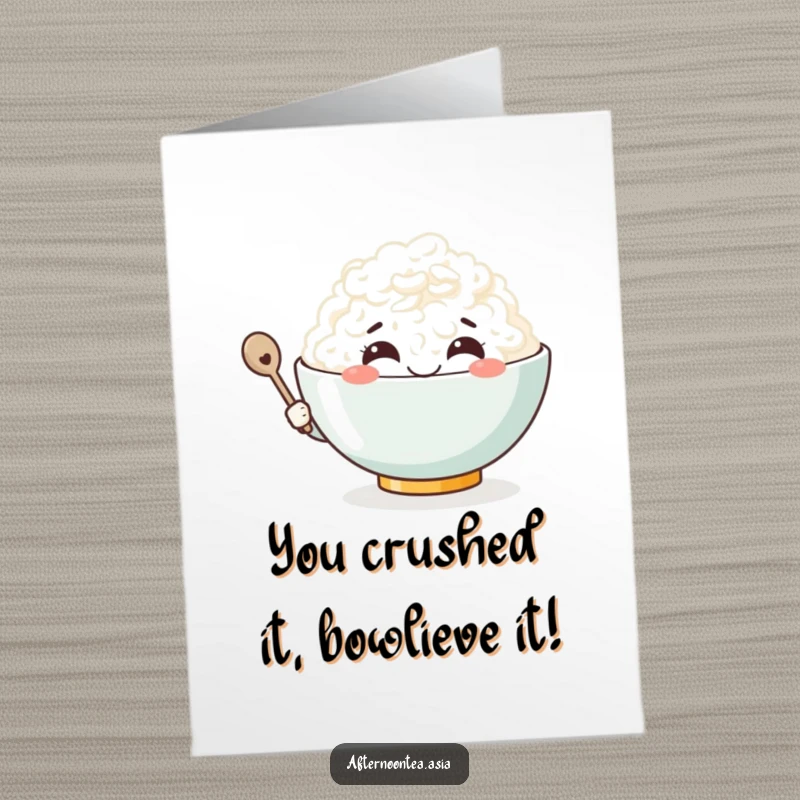 Funny Free Printable Congratulations Card: Kawaii rice bowl character with a big smile, holding a small spoon.