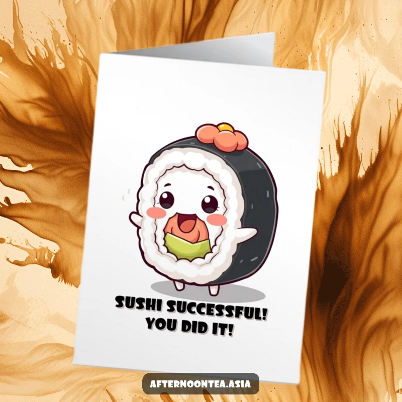 Funny Free Printable Congratulations Card: Kawaii sushi roll character doing a happy wiggle to celebrate achievements.