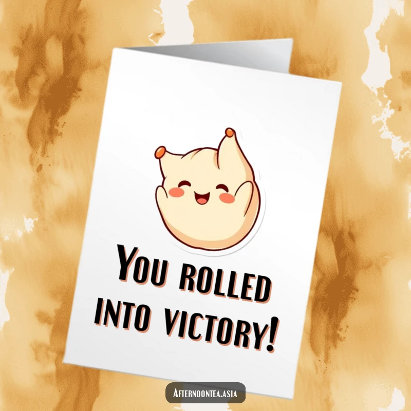 Funny Free Printable Congratulations Card: Kawaii dumpling character in a cheerful somersault, celebrating success.
