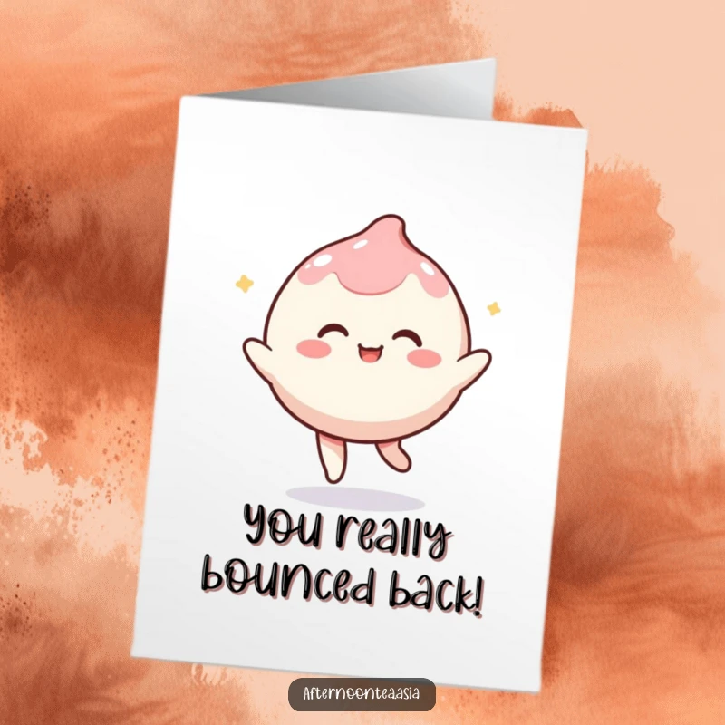 Funny Free Printable Congratulations Card: Kawaii mochi character playfully bouncing, celebrating a fantastic success.