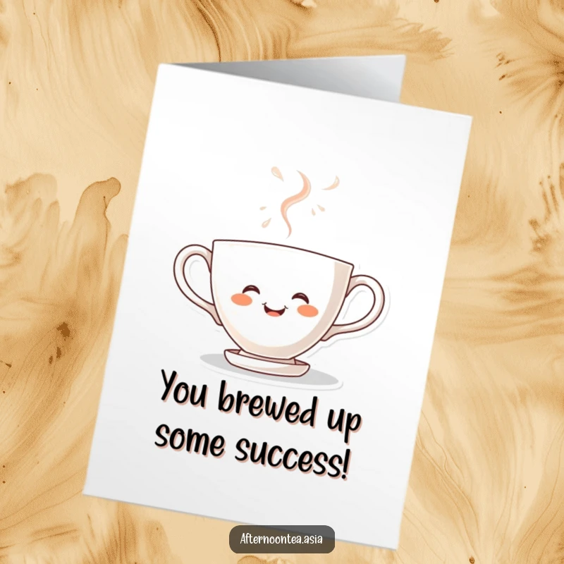 Funny Free Printable Congratulations Card: Kawaii teacup character steaming with happiness, celebrating a wonderful achievement.