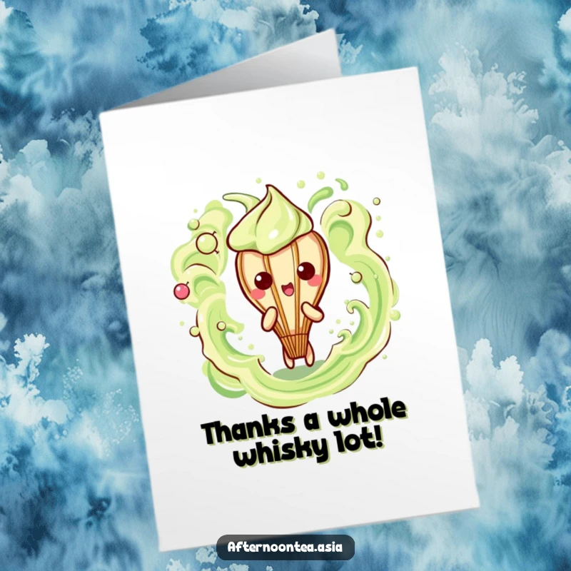 Funny Free Printable Thank You Card: Kawaii matcha whisk character creating frothy patterns to say thanks.