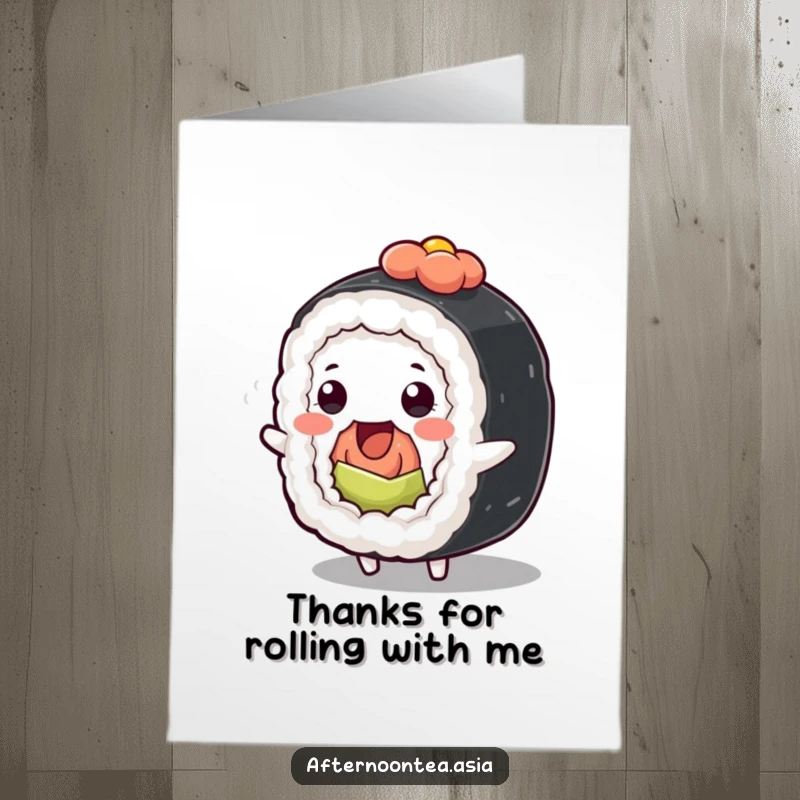 Funny Free Printable Thank You Card: Kawaii sushi roll character wiggling happily to express gratitude.
