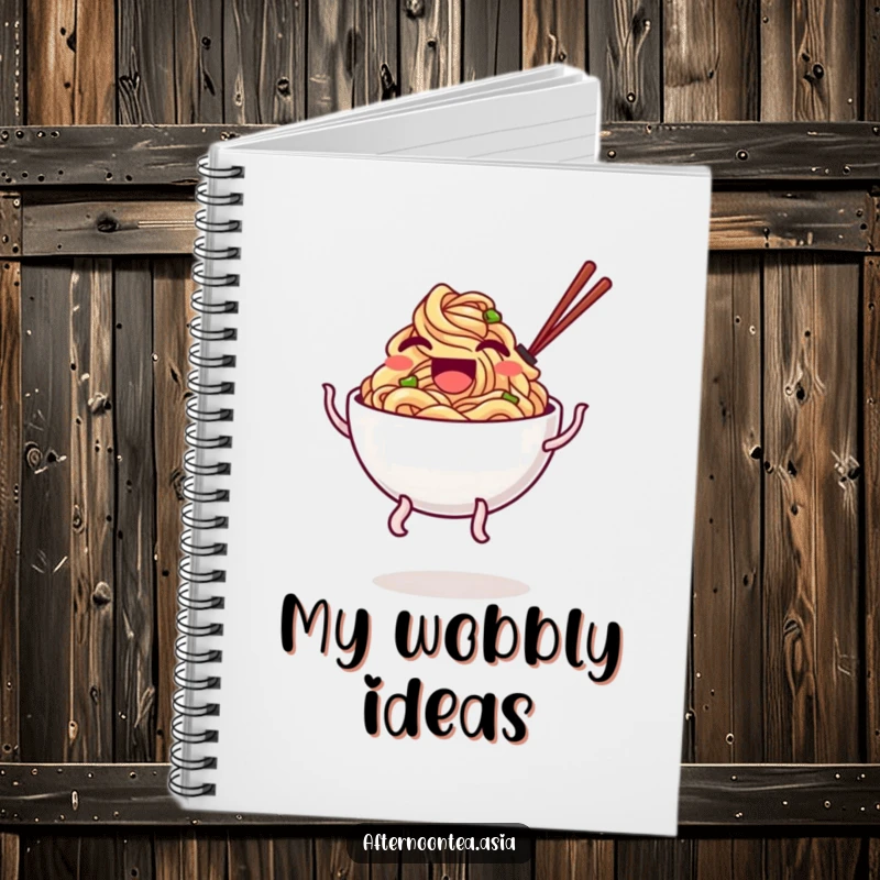 Funny Notebook showing a laughing bowl of noodles with wobbly legs doing a delightful bounce, ready for notes.