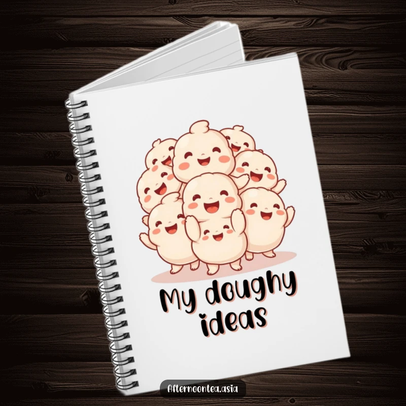 Funny Notebook showing a smiling pile of fluffy dumplings doing a delightful jig, ready for notes.