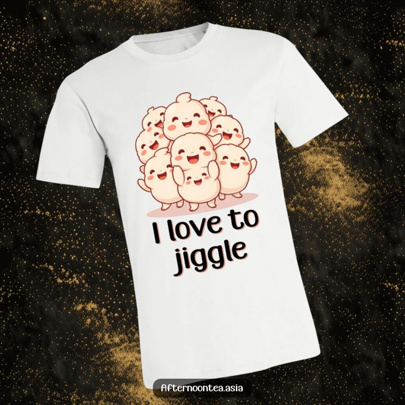 Funny T-Shirt depicting a smiling pile of fluffy dumplings performing an energetic and playful jig.