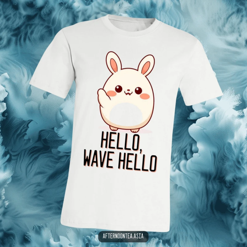 Funny kawaii bao bun character giving a friendly little wave, a cheerful design on this soft t-shirt, a fun gift.
