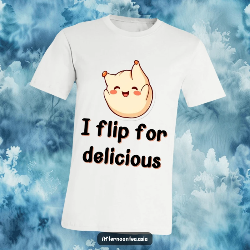 Funny kawaii dumpling character doing a cheerful somersault, captured in action on this vibrant t-shirt, a fun gift.
