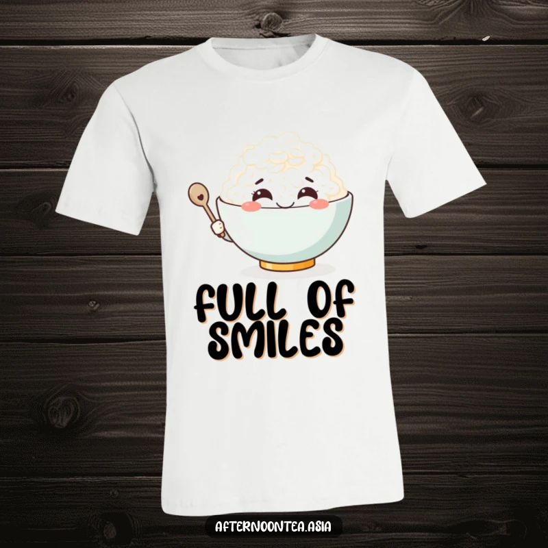 Funny Kawaii Rice Bowl T-Shirt: A cute character smiling widely, perfect as a funny gift.