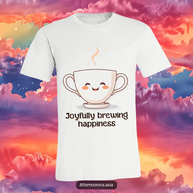 Funny kawaii teacup character steaming with joy, wearing a cheerful expression on this soft t-shirt, a fun gift.