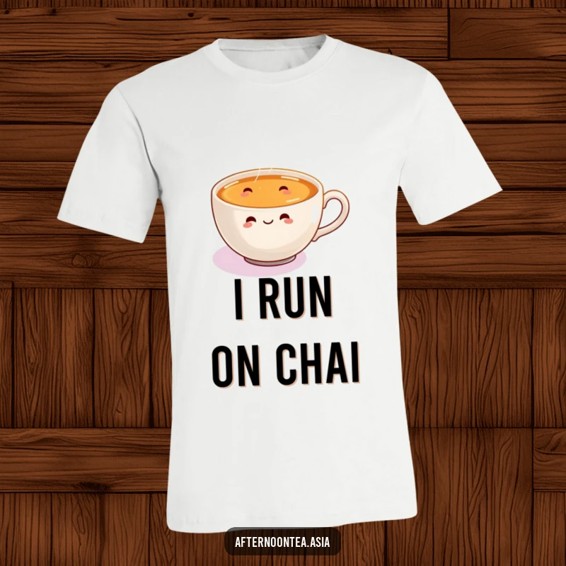 Funny T-Shirt depicting a happy steaming chai cup with tiny, joyful steam swirls dancing in a lively manner.