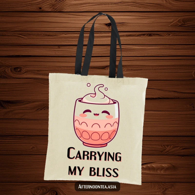 Funny Kawaii Sake Cup Tote Bag: A cute character showing satisfaction, perfect for shopping and as a funny gift.