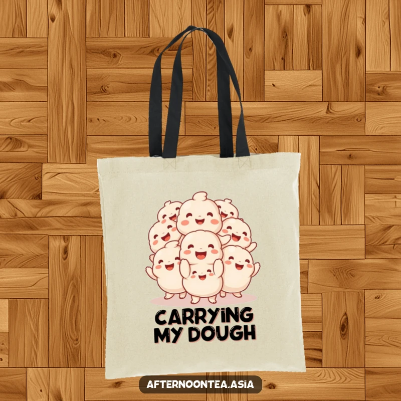 Funny Tote Bag showcasing a smiling pile of fluffy dumplings engaged in a delightful, playful jig.