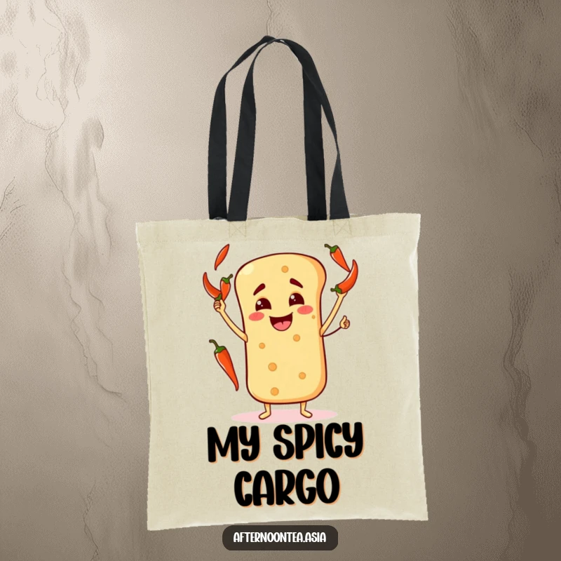 Funny Tote Bag showcasing a happy naan bread character skillfully juggling spicy chili peppers.