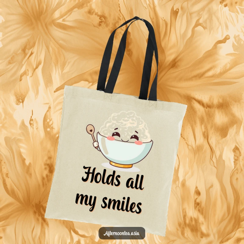 Funny Kawaii Rice Bowl Tote Bag: A cute character smiling broadly, perfect for shopping and as a funny gift.
