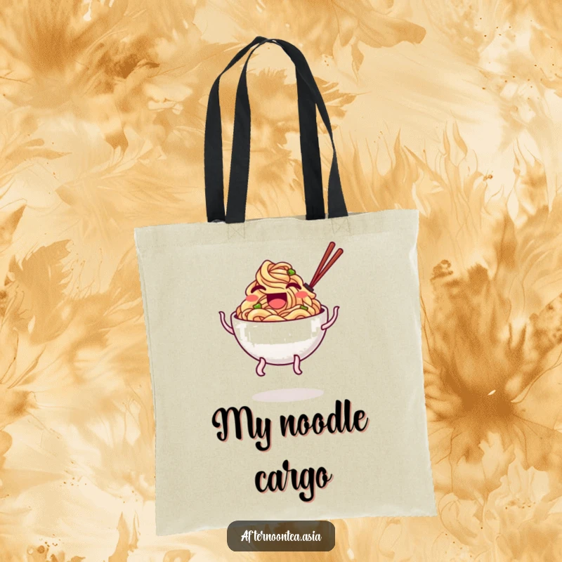 Funny Tote Bag showcasing a laughing bowl of noodles with unsteady legs doing a delightful bounce.