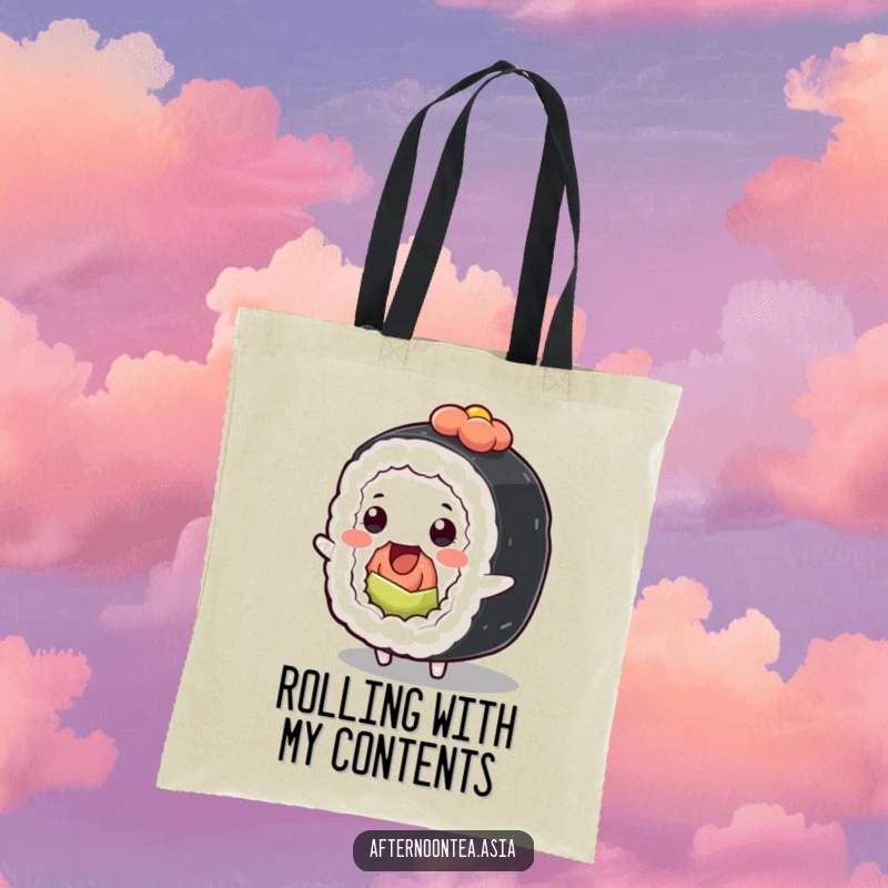Funny Kawaii Sushi Roll Tote Bag: A cute character wiggling playfully, perfect for shopping and as a funny gift.